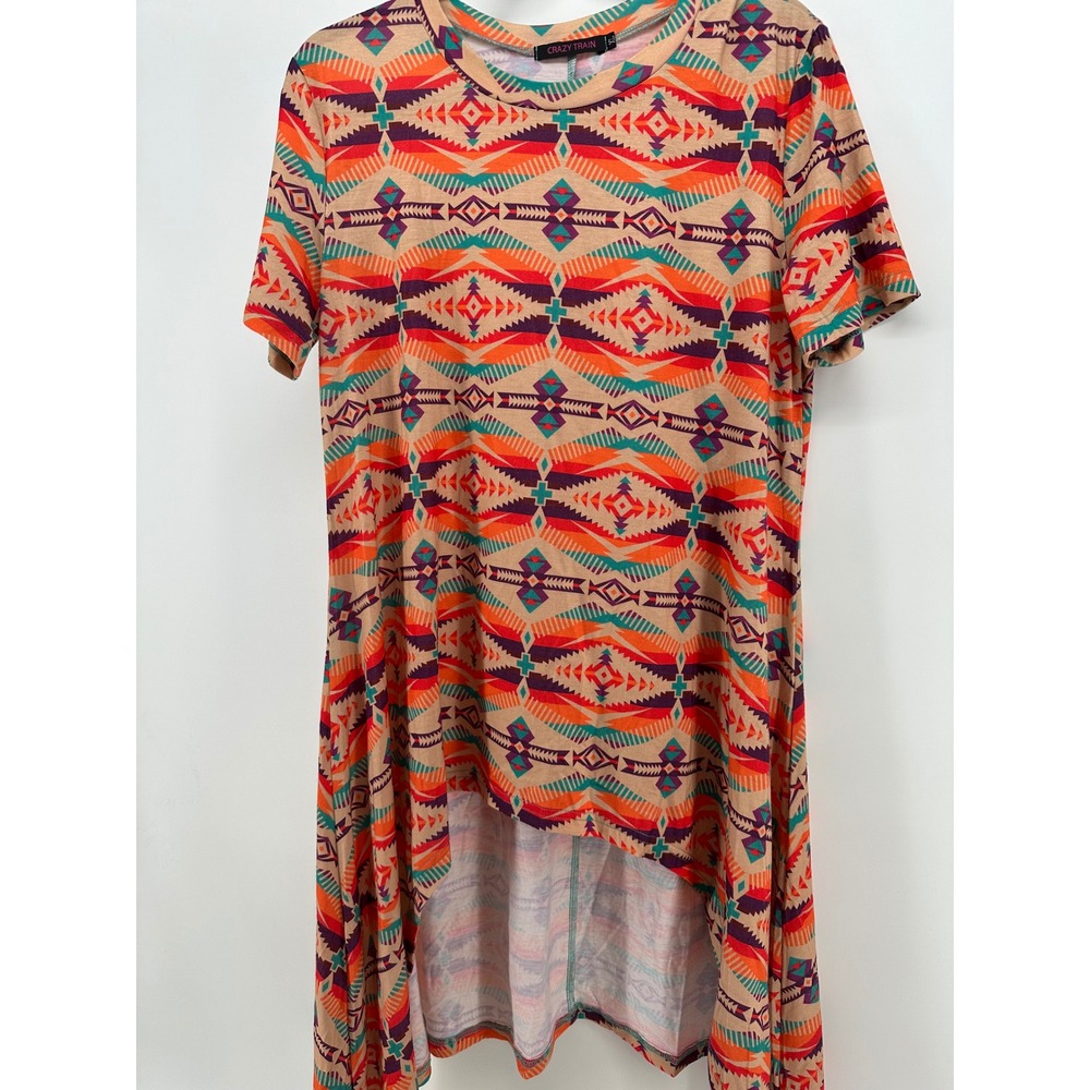 Crazy Train Womens XL Southwestern Aztec High Low Tunic Top Orange Teal Western